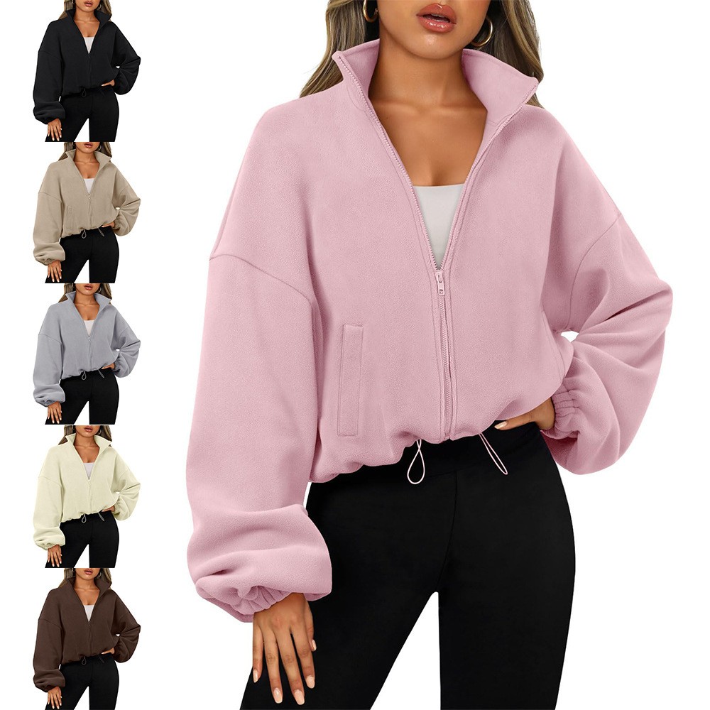 亚马逊秋季时尚休闲立领长袖拉链抽绳保暖开衫宽松卫衣