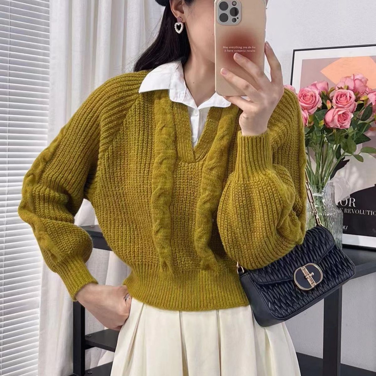 秋冬新款设计感小众假两件针织衫拼接衬衫翻领宽松外穿毛衣女上衣