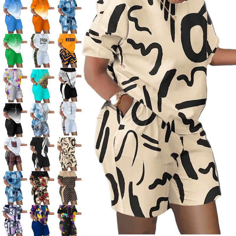 欧美女装春夏爆款跨境独立站亚马逊速卖通短袖两件套印花通勤套装