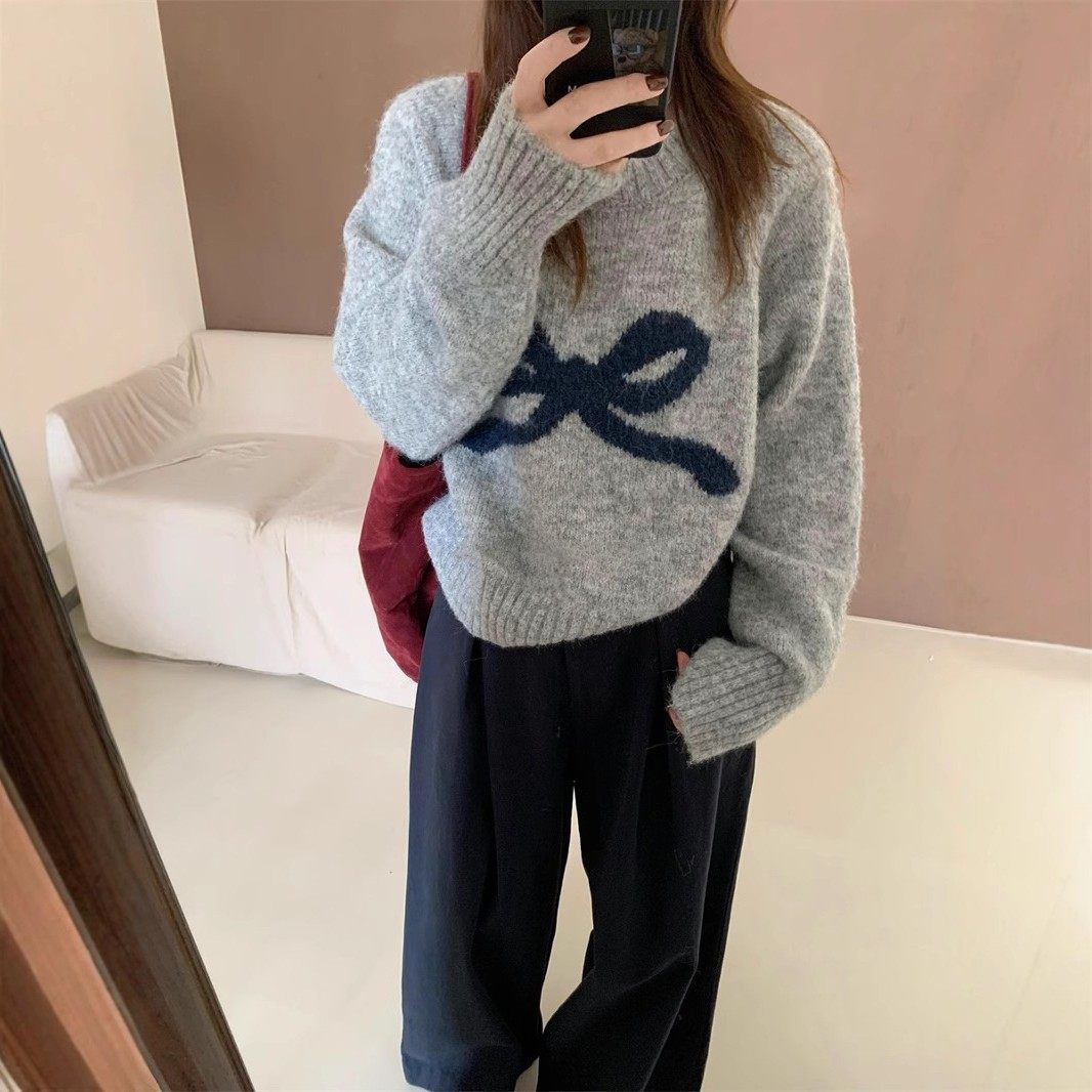 韩国东大门圆领温柔蝴蝶结套头毛衣女秋冬软糯慵懒百搭甜美针织衫,个性定制/设计服务/DIY,连衣裙加工定制,淘宝优惠券,粉丝福利购,淘宝优惠卷