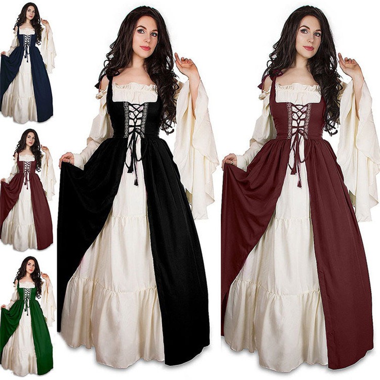跨境马逊欧美方领捆绑束腰中世纪文艺复兴复古宫廷礼服连衣裙角色