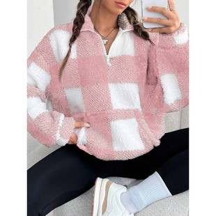 外套 长袖 欧美跨境秋冬新款 拉链格子双面毛绒宽松休闲女装