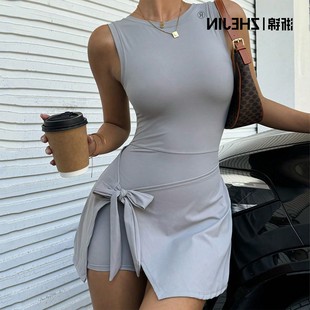 新款 假两件防走光紧身连体网球裙显瘦高弹休闲健身美背瑜伽连衣裙