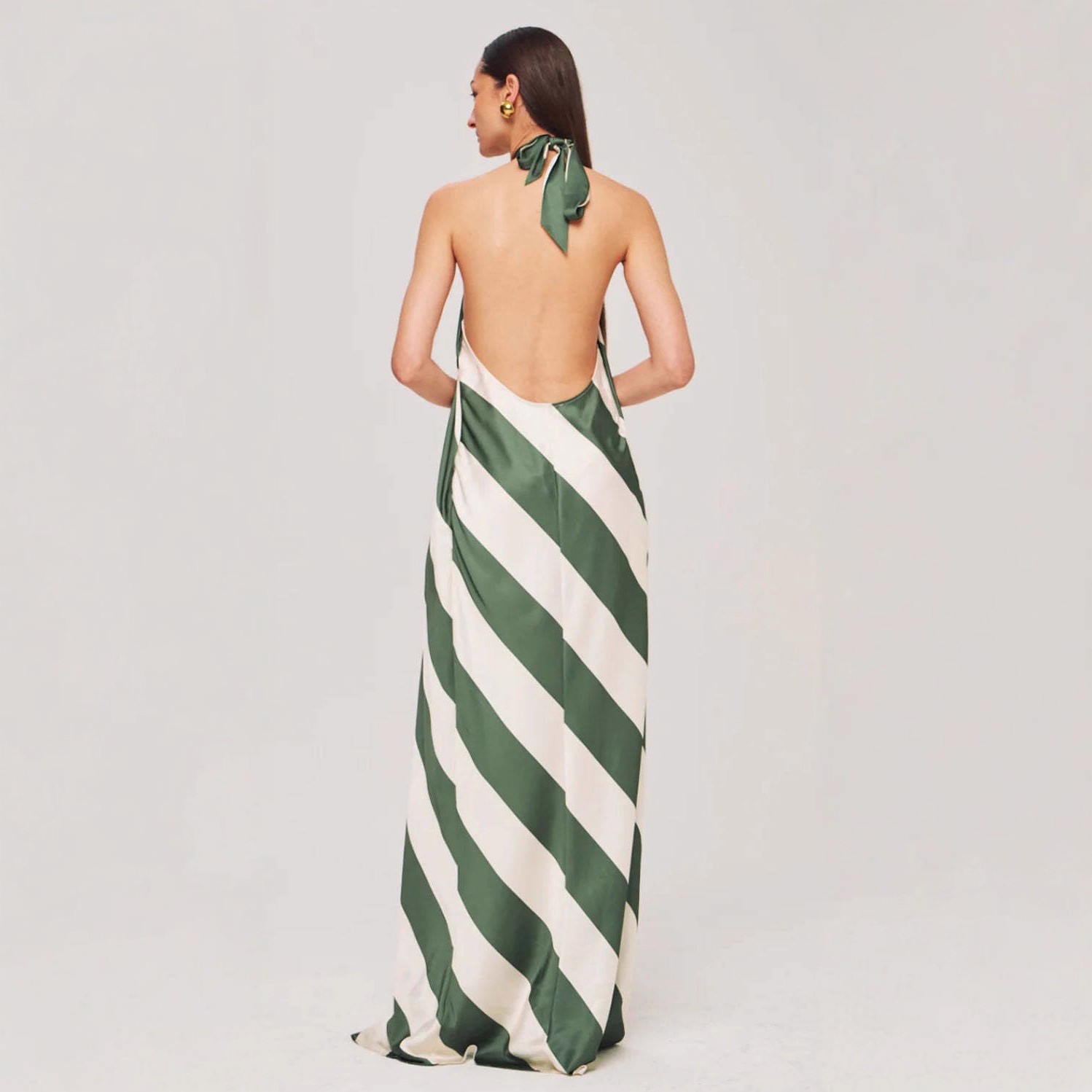 欧美跨境亚马逊夏季新款条纹撞色缎面无袖挂脖修身长裙连衣裙