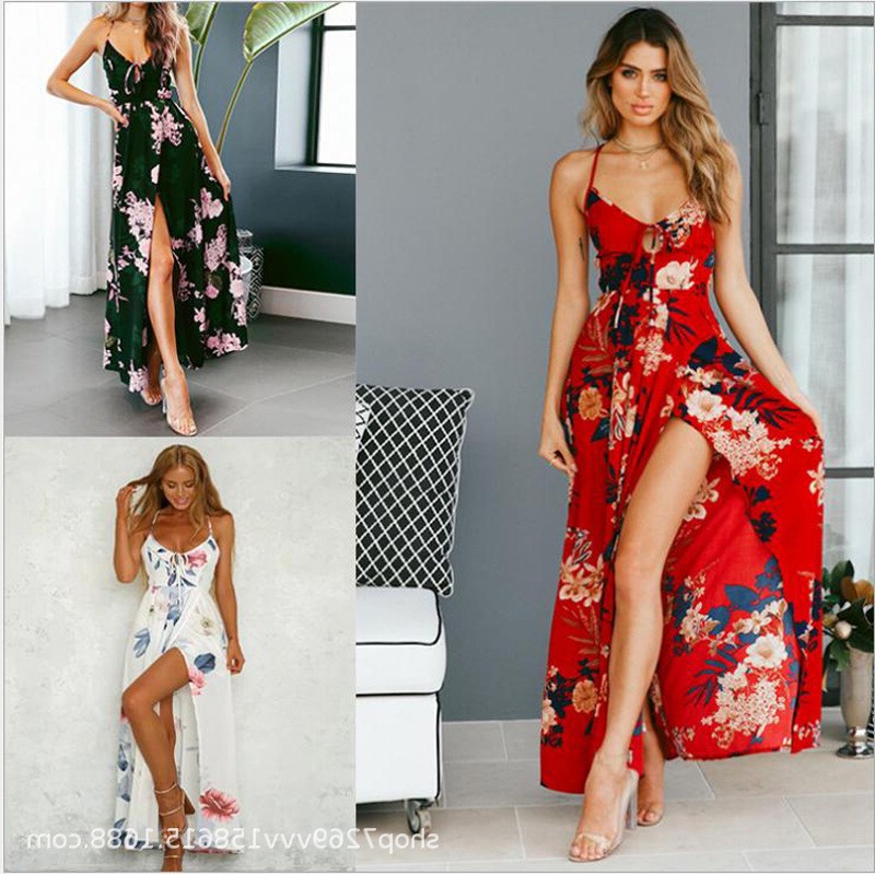 欧美大摆雪纺印花连衣裙亚马逊速卖通街头潮人中腰长裙吊带裙优惠