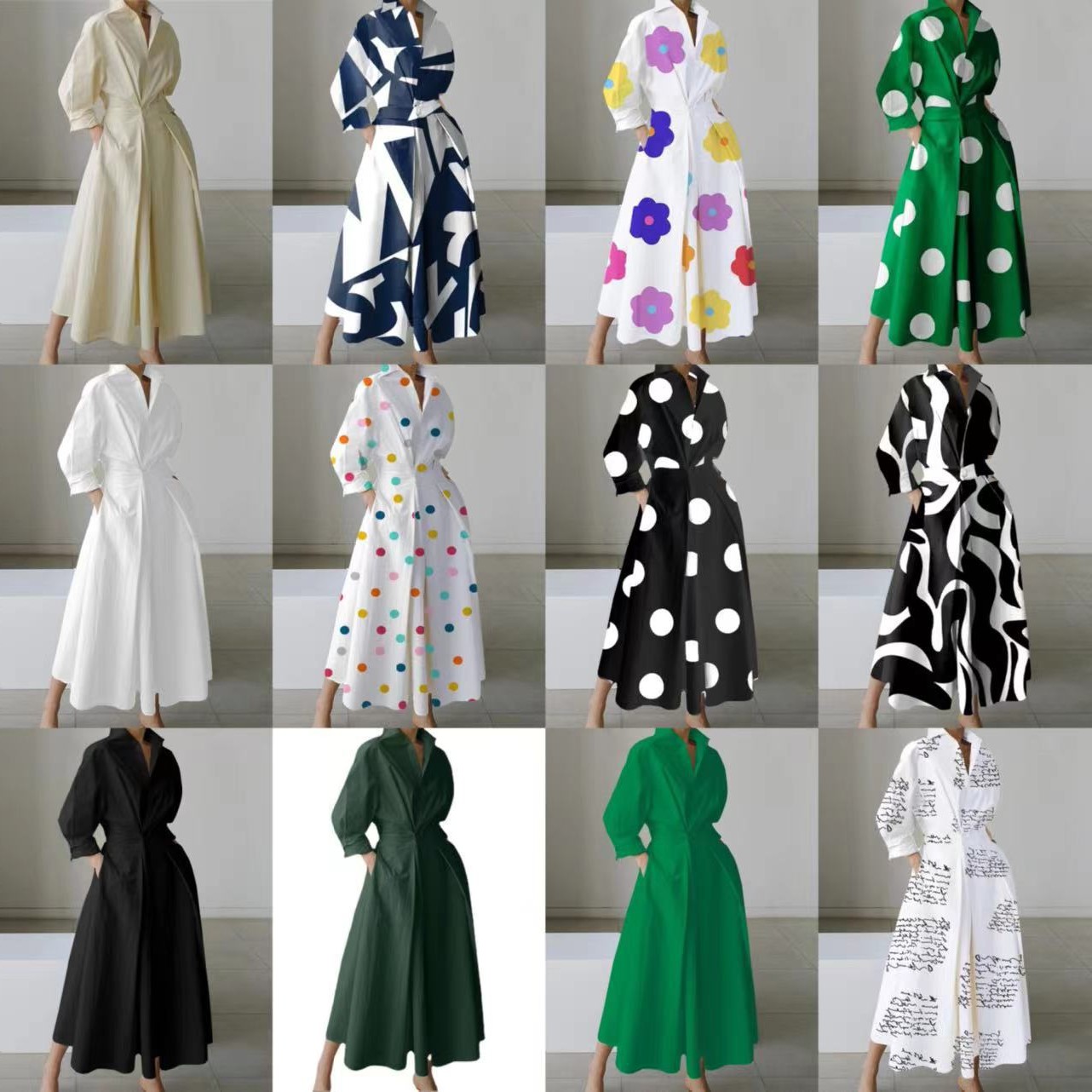 欧美跨境连衣裙新款通勤时尚领衬长袖衣松紧腰大摆连衣裙