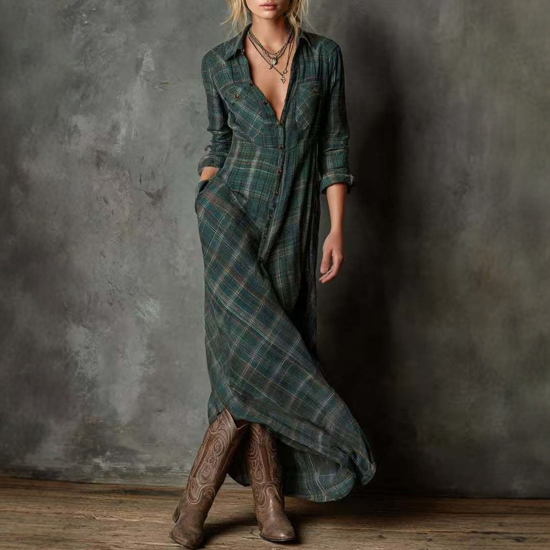 欧美时尚跨境新款复古格纹长袖衬衫领连衣裙