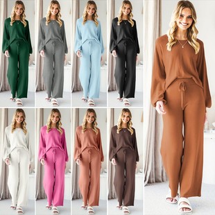 薄款 垂坠感显瘦春季 通勤 长袖 跨境欧美休闲两件套女套头家居服套装