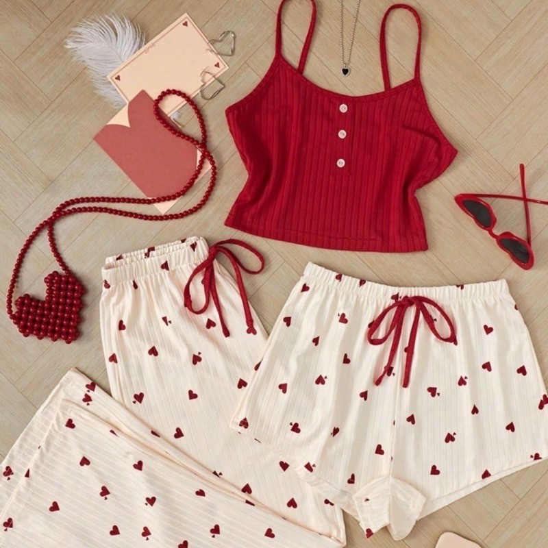 春夏新品甜美风三件套性感家居服女跨境大码印花睡衣欧美爆款套装