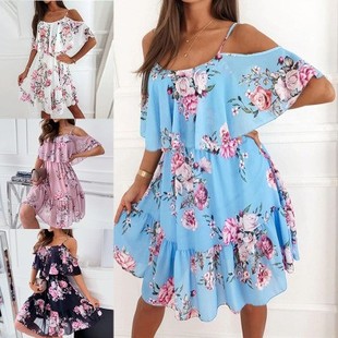 连衣裙 雪纺印花露肩性感连衣裙时尚 跨境速卖通亚马逊新款 春季