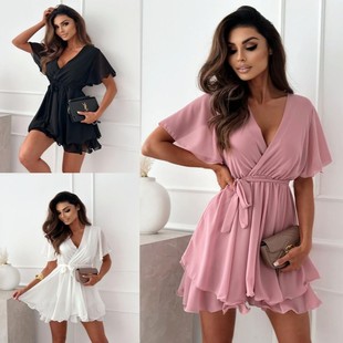 欧美女装 性感领交叉绑带迷你短裙荷叶边下摆雪纺连衣裙 夏季