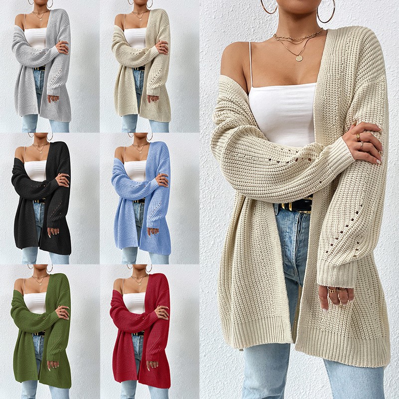 跨境欧美秋冬新款宽松中长款毛衣外套针织开衫领纯色针织衫