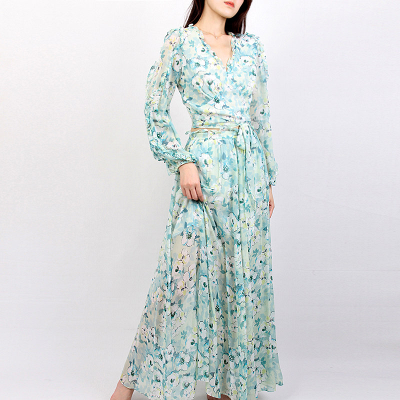 真丝套装2024新款夏季桑蚕丝印花修身系带短上衣长款半身裙两件套