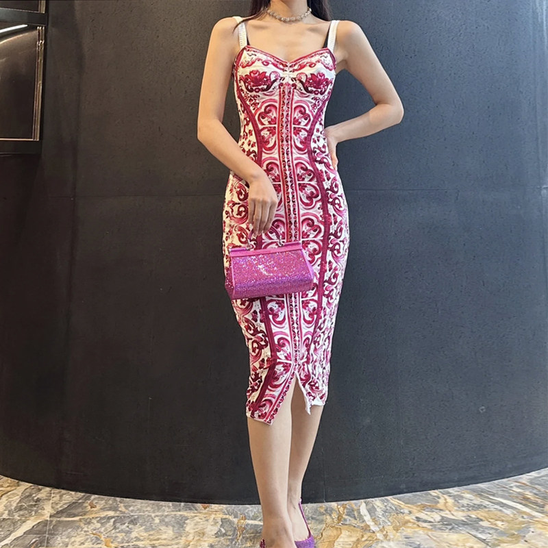 重磅真丝吊带连衣裙2026夏新红花色陶瓷印花桑蚕丝修身裙子抹胸裙