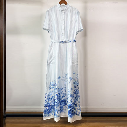 真丝连衣裙2026春夏度假新款水墨蓝雅缎面开叉重磅桑蚕丝宽松长裙