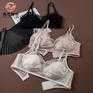 真丝弹力缎超薄无钢圈文胸 蕾丝刺绣内衣 桑蚕丝性感法式