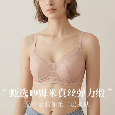 唐格 真丝19姆米弹力缎法式浪漫刺绣文胸 桑蚕丝无钢圈V领内衣