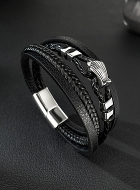 跨境欧美式时尚皮手镯男不锈钢个性朋克风钛钢多层编织皮革手链男