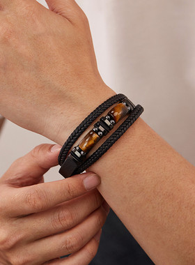 外贸饰品欧美式复古街头皮手镯男钛钢虎眼石拼接多层编织皮革手链