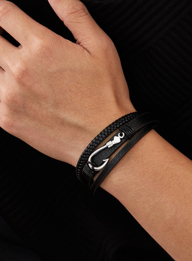 欧美饰品亚马逊货源个性皮手镯男士钛钢街头小众设计鱼钩皮革手链