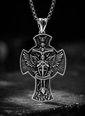 欧美圣迈克尔大天使之剑钛钢吊坠小众个性不锈钢铸造十字架项链男