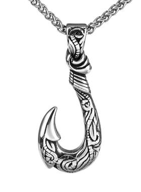 欧美时尚复古图腾鱼钩项链男款做旧海军嘻哈风花纹不锈钢钩子吊坠
