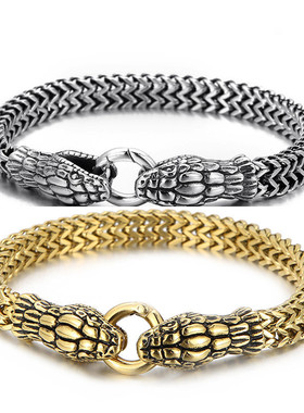 朋克冷淡风精致钛钢手链男复古小众嘻哈生肖蛇暗黑双头蛇古巴手链