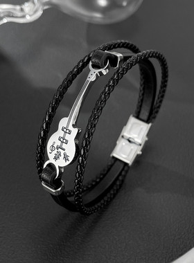 日韩流行手链男简单大方个性吉他手环手镯男士休闲学生皮手绳饰品