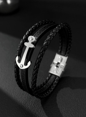 欧美跨境复古钛钢船锚朋克风皮手镯男士潮学生不锈钢多层皮革手链