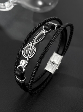 朋克风时尚皮质编织手绳个性钛钢潮男学生手腕音乐符号配饰手链男