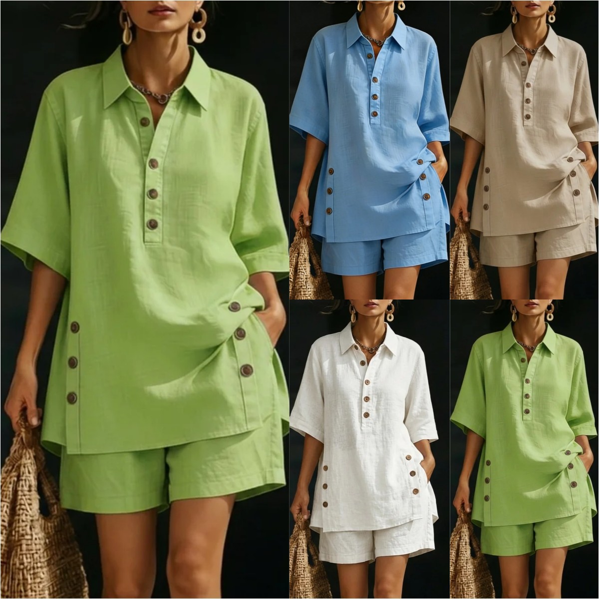 Fashion Women Outfit Sets秋夏季女装短袖衬衫宽松裤子两件套装