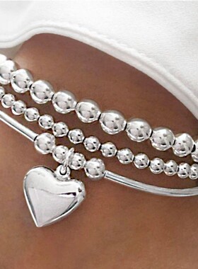 3pcs欧美饰品ins小众设计手饰甜酷爱心吊坠圆珠串珠爱心手链3件套