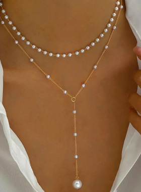 Women Necklace Choker仿珍珠流苏双层项链叠戴轻奢小众项链配饰