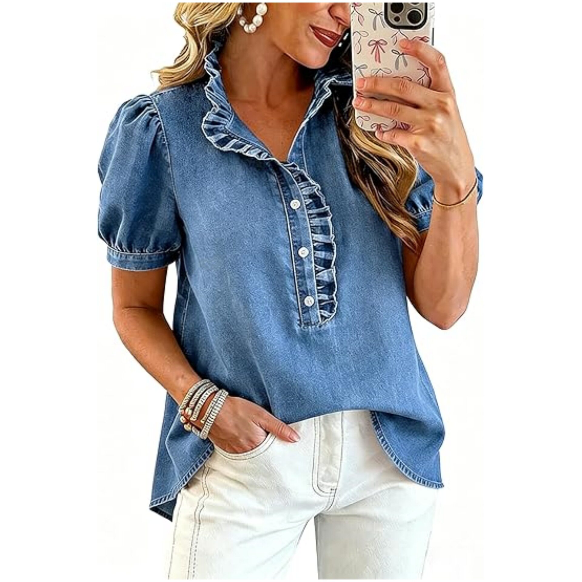 Women Denim Shirt水洗衬衫褶皱牛仔上衣系扣木耳边泡泡短袖衬衫