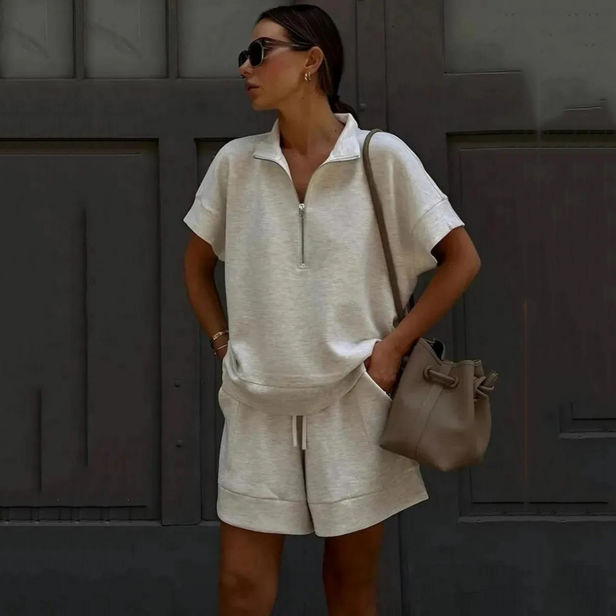 Summer Women Outfit Sets长袖短裤卫衣纯色时尚休闲短款2件套装