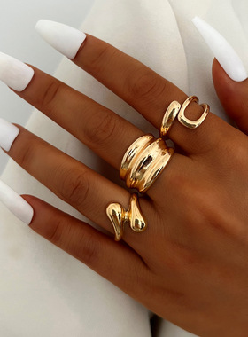 3pcs Ring欧美饰品时尚创意高级感小众金属素圈弧形水滴戒指3件套