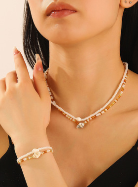 欧美海洋度假风手工串珠贝壳海螺项链手链两件套波西米亚项链女