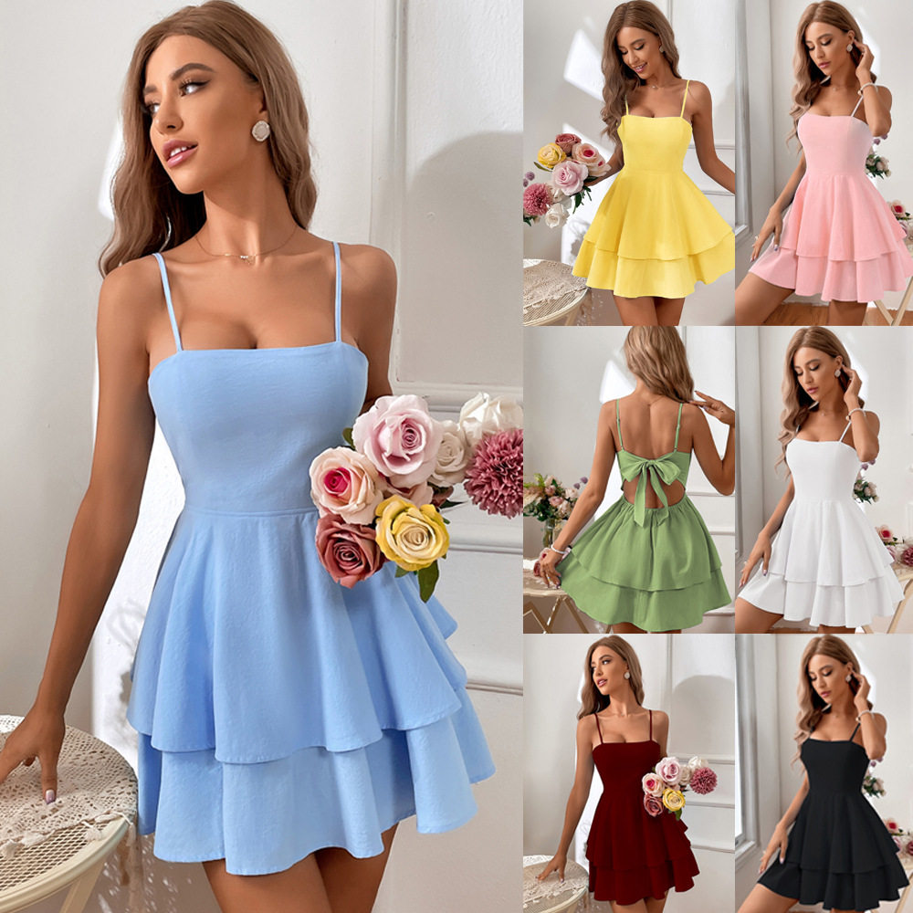 Sexy Backless Women Dresses欧美春夏季全棉露背蝴蝶结短款性感