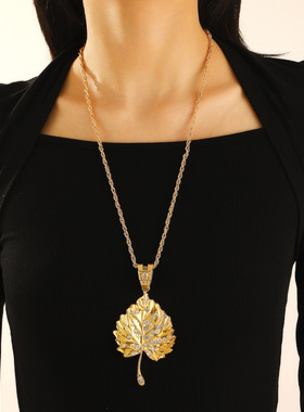 Necklace Pendant Gift Jewelry欧美时尚镶钻枫叶吊坠项链毛衣链