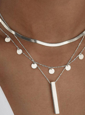 3PCS Choker Necklace时尚锁骨链圆片流苏一字多层项链3件套套装