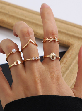 6pcs Ring Sets欧美名媛街拍复古戒指6件镀金仿珍珠树叶戒指套装