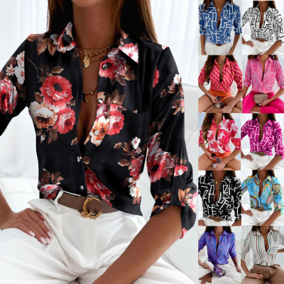 Women Print Shirt Blouse欧美女装春秋上衣长袖衬衫印花衬衣女