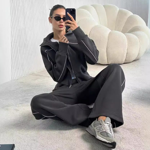 Women Outfits欧美秋季休闲女长袖拉链卫衣外套条纹松紧裤二件套