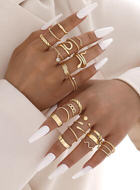 24pcs Ring镶钻眼睛十字架树叶戒指多关节24件套珍珠太阳月亮戒指