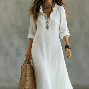 Fashion Women White Cotton Long Dresses时尚印花棉麻长连衣裙
