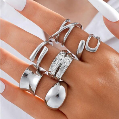 6PCS Rings Jewelry Sets欧美几何不规则交叉线条戒指ins光面气质