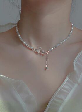 Women Necklace欧美风复古仿珍珠蝴蝶项链小众设计轻奢高级感颈链
