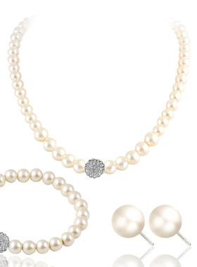 毛衣链颈链套件点钻人造珍珠项链耳钉手链套装Necklaces+Earring