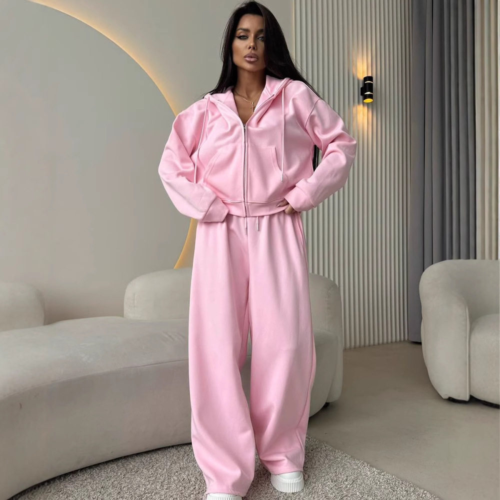 Women Outfit欧美运动套装长袖拉链开衫连帽卫衣系带长裤两件套棉