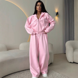 Women Outfit欧美运动套装长袖拉链开衫连帽卫衣系带长裤两件套棉